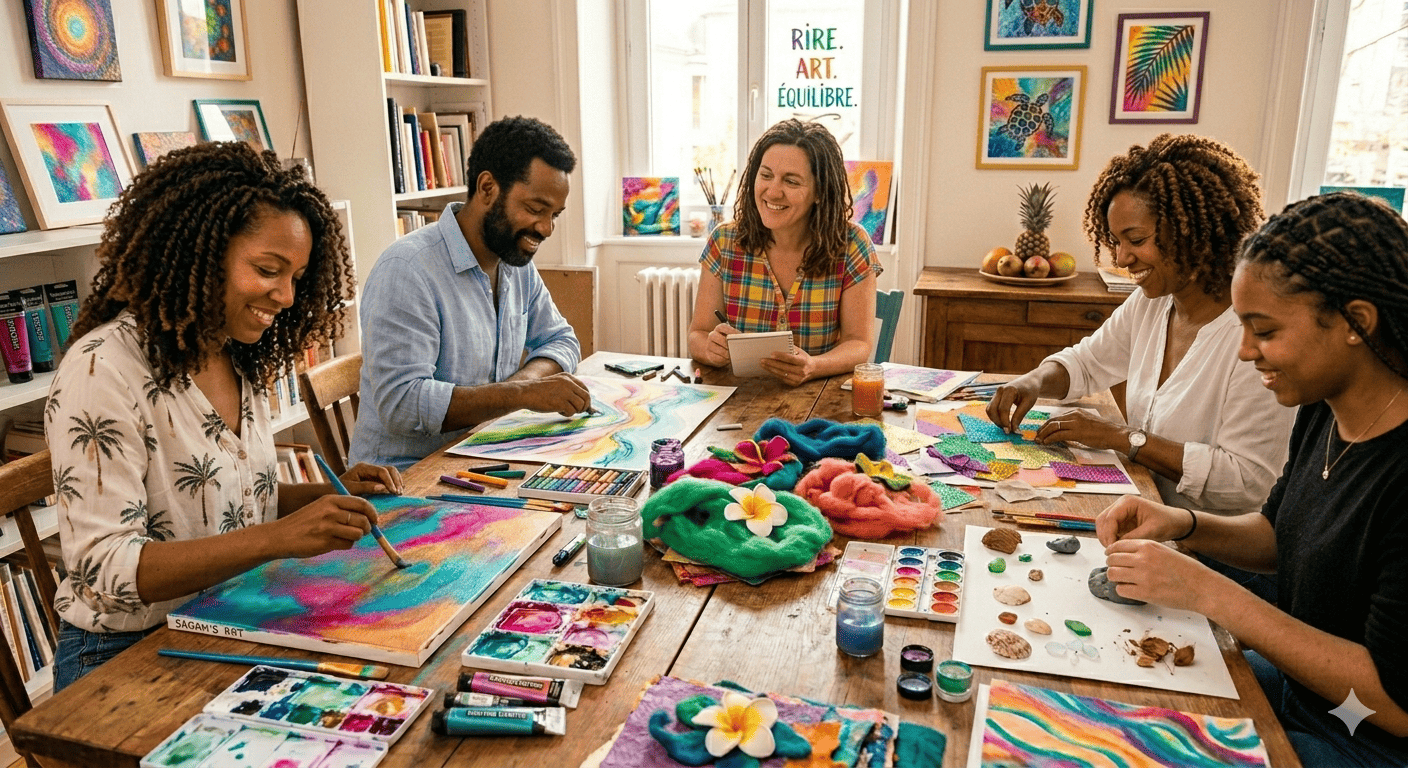 Un groupe diversifié de cinq personnes souriantes participant ensemble à un atelier d'art thérapie autour d'une grande table en bois.